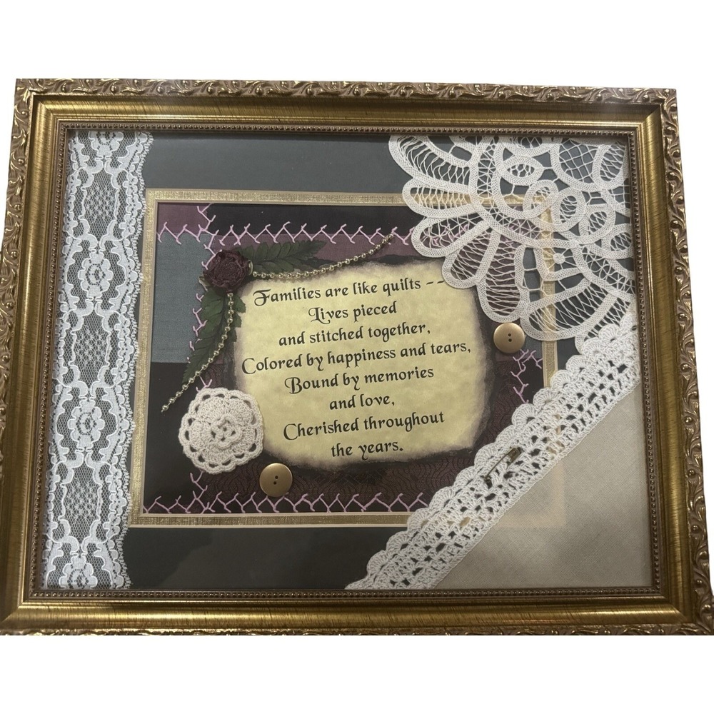 Framed Families Are‎ Like Quilts Sign Country Patches Lace Crochet Decor Vintage